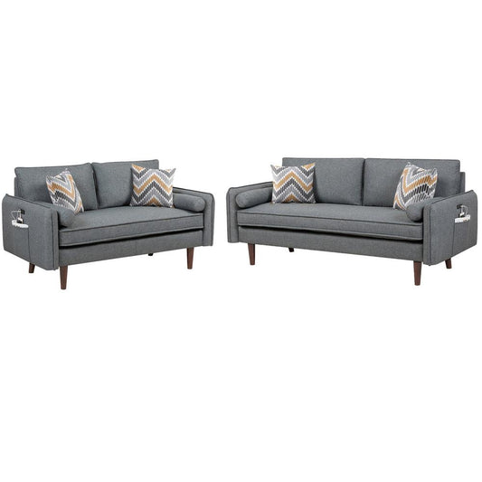 Mia Mid-Century Modern Gray Linen Sofa and Loveseat Living Room Set with USB Charging Ports & Pillows By Lilola Home | Loveseats | Modishstore