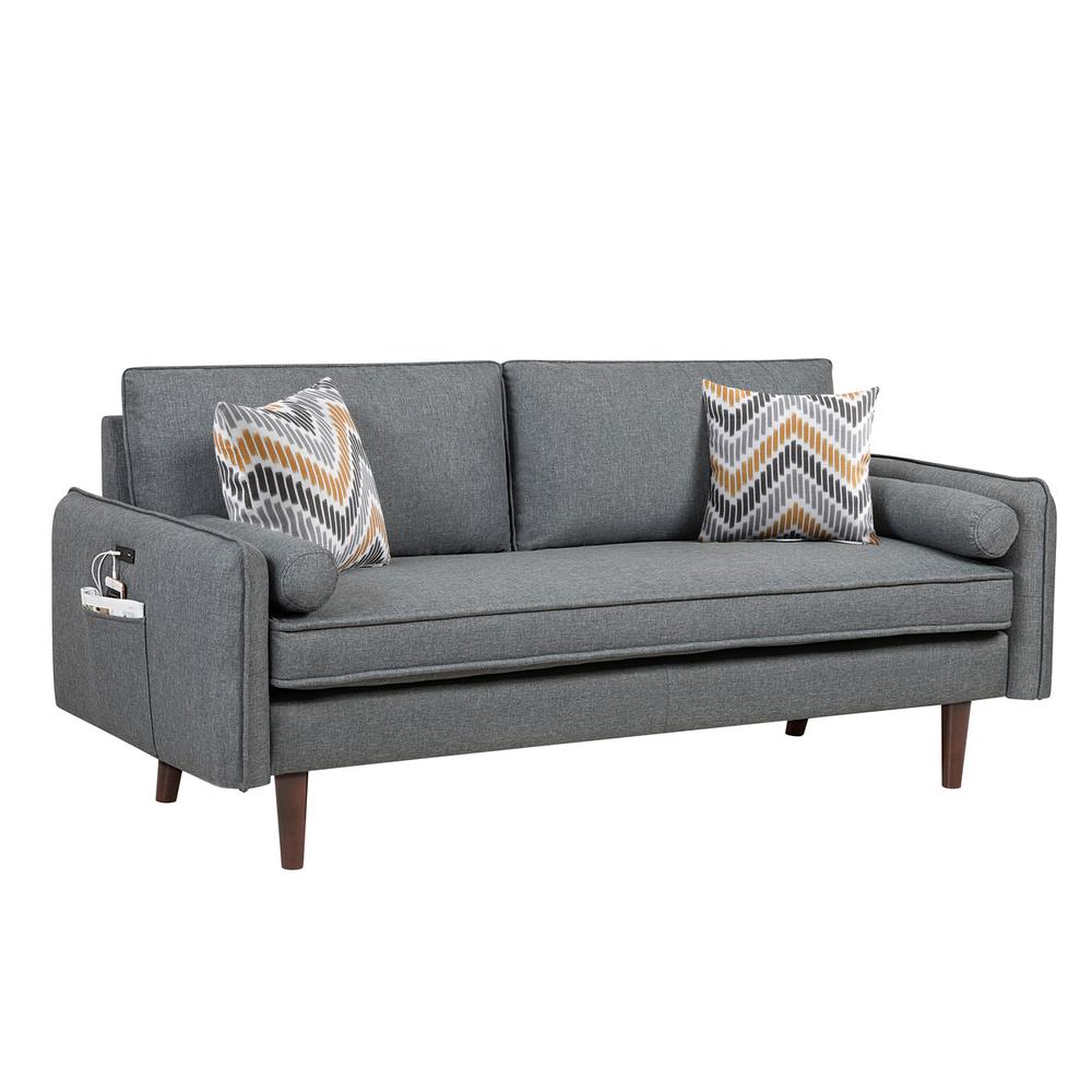 Mia Mid-Century Modern Gray Linen Sofa and Loveseat Living Room Set with USB Charging Ports & Pillows By Lilola Home | Loveseats | Modishstore-3
