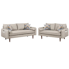 Mia Mid-Century Modern Beige Linen Sofa and Loveseat Living Room Set with USB Charging Ports & Pillows By Lilola Home