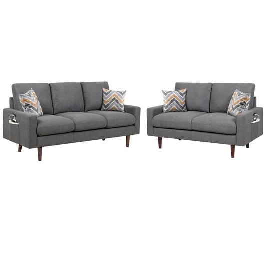 Abella Mid-Century Modern Dark Gray Woven Fabric Sofa and Loveseat Living Room Set with USB Charging Ports & Pillows By Lilola Home | Loveseats | Modishstore
