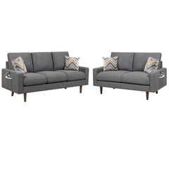 Abella Mid-Century Modern Dark Gray Woven Fabric Sofa and Loveseat Living Room Set with USB Charging Ports & Pillows By Lilola Home