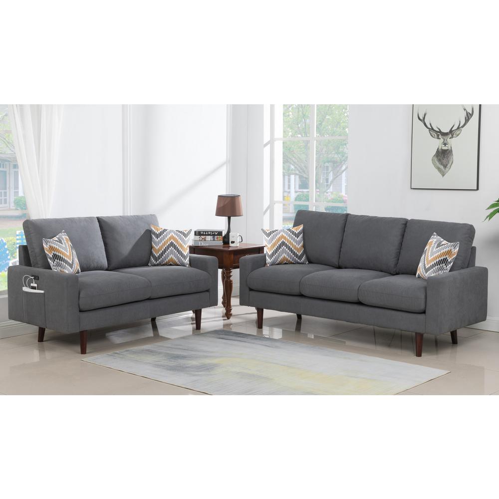 Abella Mid-Century Modern Dark Gray Woven Fabric Sofa and Loveseat Living Room Set with USB Charging Ports & Pillows By Lilola Home | Loveseats | Modishstore-2