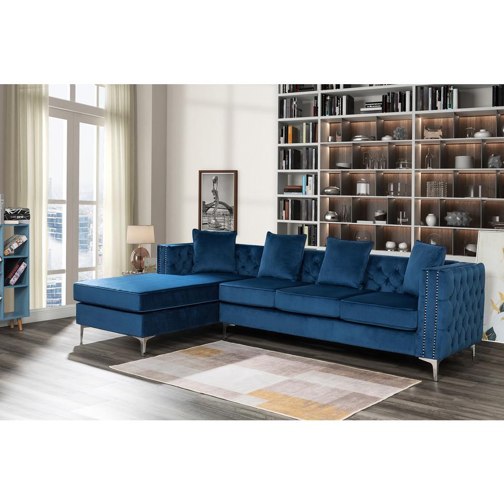 Ryan Deep Blue Velvet Reversible Sectional Sofa Chaise with Nail-Head Trim By Lilola Home | Sofas | Modishstore
