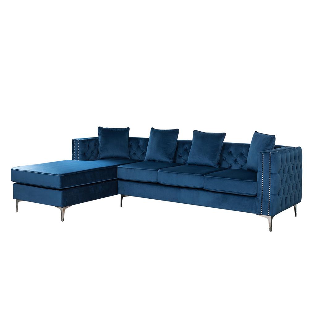 Ryan Deep Blue Velvet Reversible Sectional Sofa Chaise with Nail-Head Trim By Lilola Home | Sofas | Modishstore-2