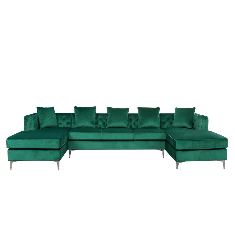 Ryan Green Velvet Double Chaise Sectional Sofa with Nail-Head Trim By Lilola Home | Sofas | Modishstore-2