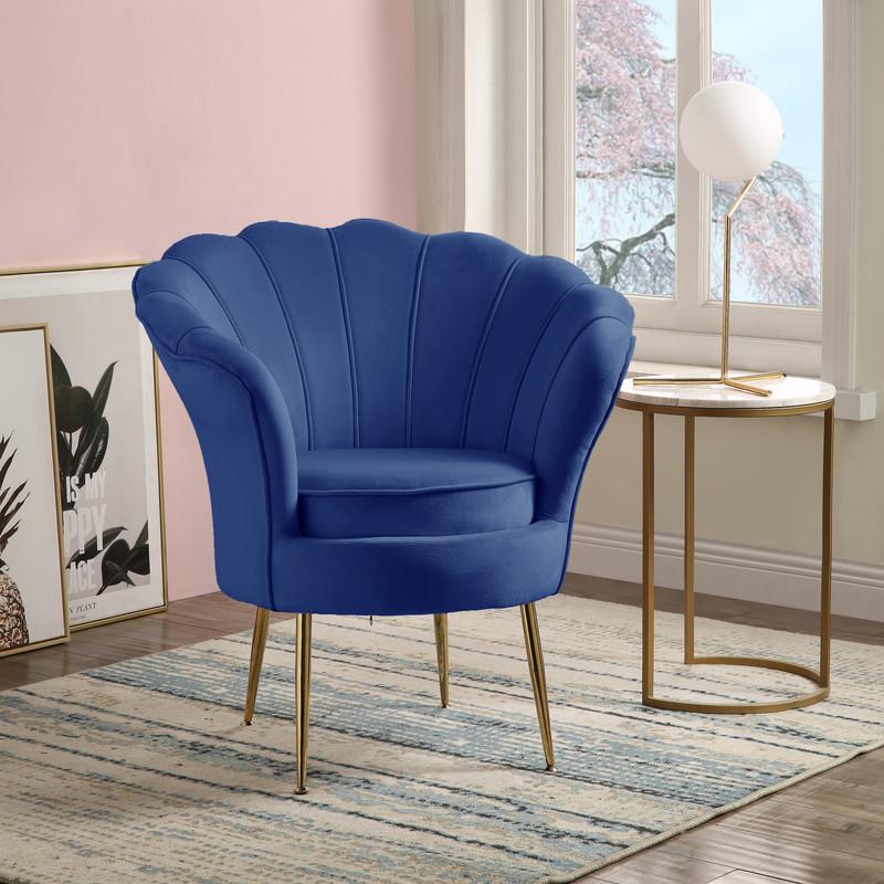 Angelina Blue Velvet Scalloped Back Barrel Accent Chair with Metal Legs By Lilola Home | Accent Chairs | Modishstore