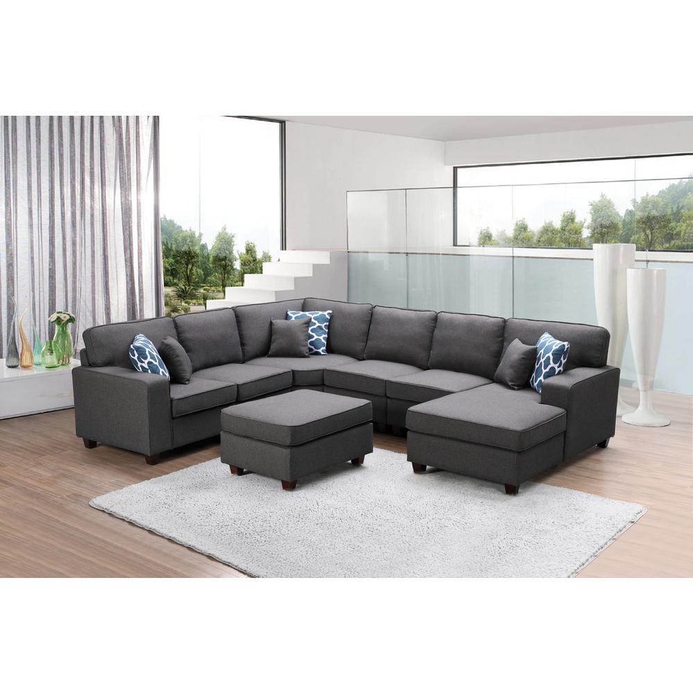 Willowleaf Dark Gray Linen 7Pc Modular Sectional Sofa Chaise and Ottoman By Lilola Home | Sofas | Modishstore