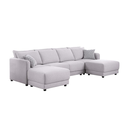Penelope Light Gray Linen Fabric 4-Seater Sofa with 2 Ottoman and Pillows By Lilola Home | Sofas | Modishstore