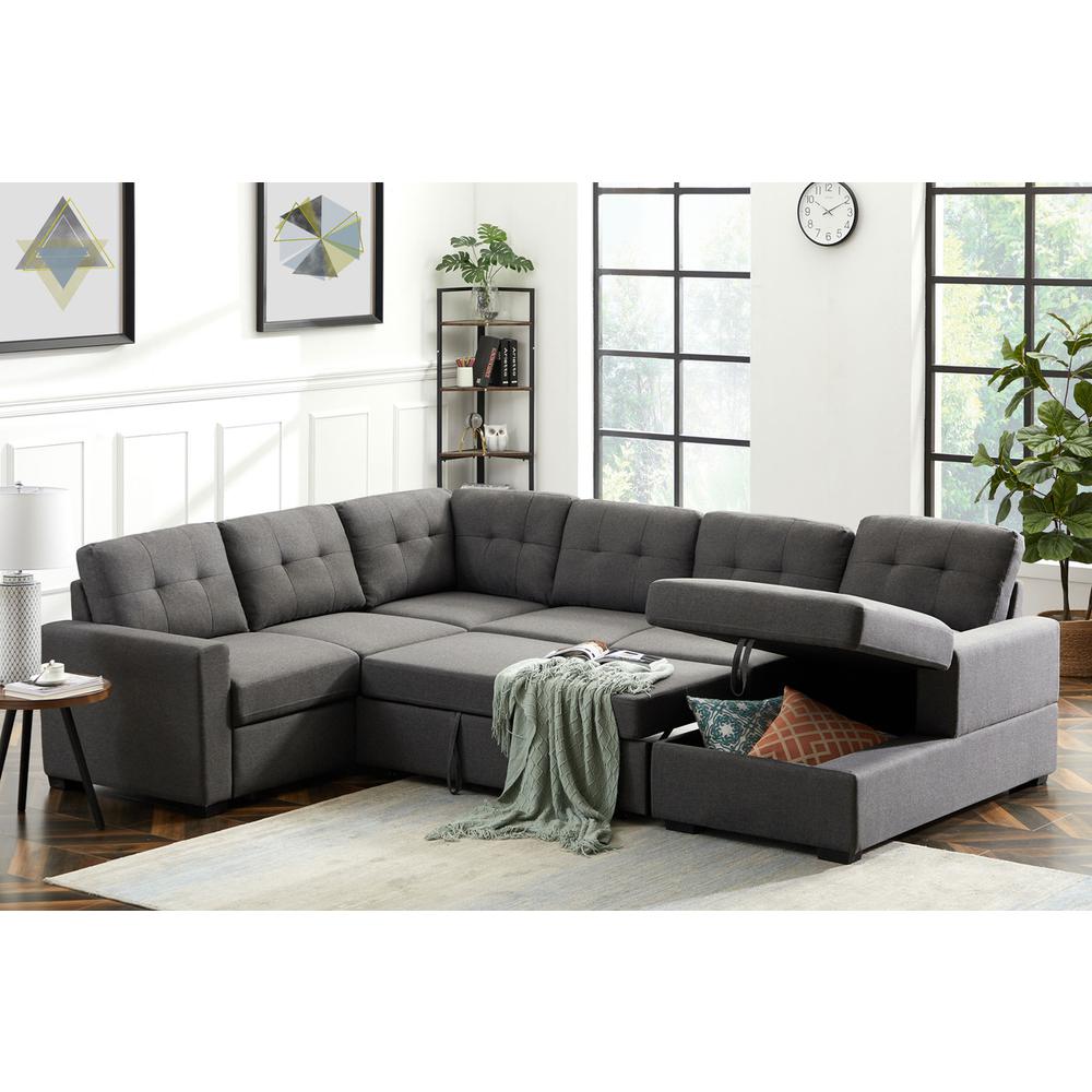 Selene Dark Gray Linen Fabric Sleeper Sectional Sofa with Storage Chaise By Lilola Home | Sofas | Modishstore-4