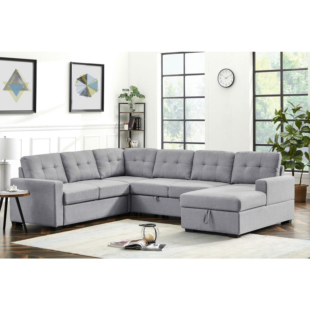 Selene Light Gray Linen Fabric Sleeper Sectional Sofa with Storage Chaise By Lilola Home | Sofas | Modishstore-2
