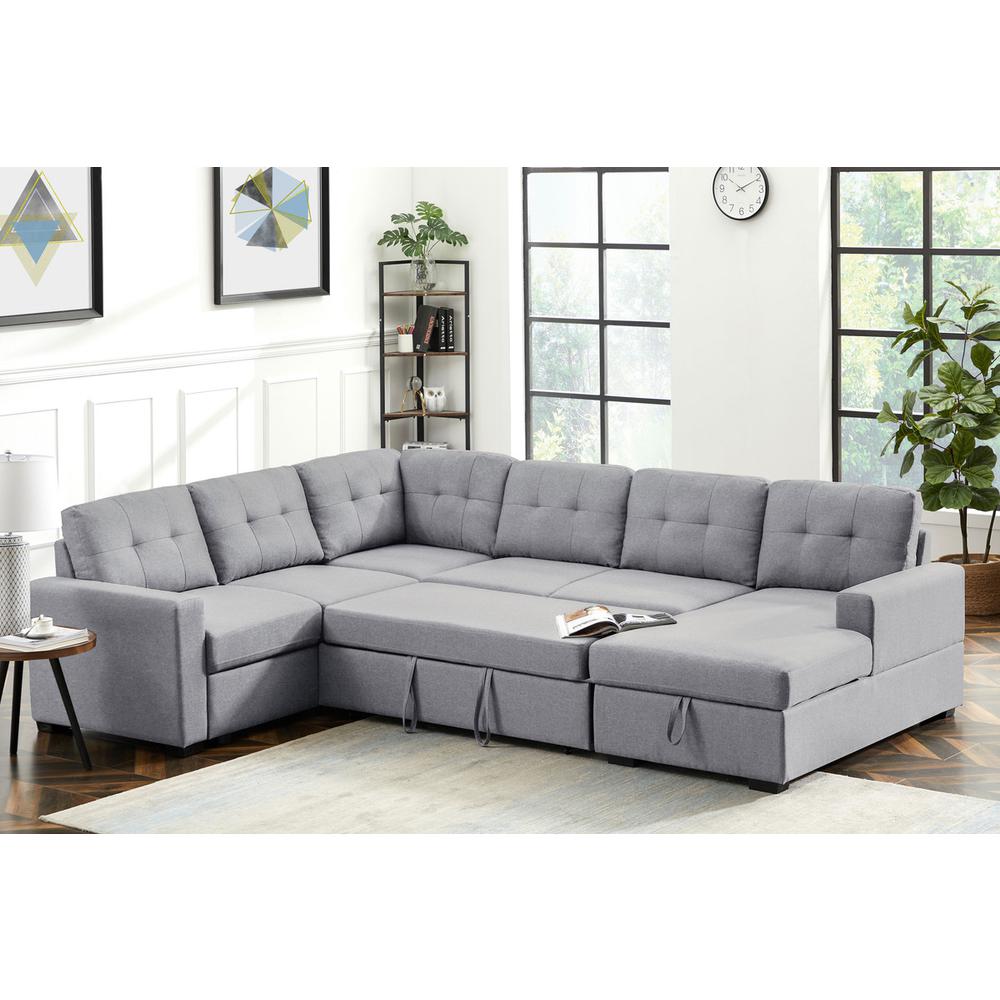 Selene Light Gray Linen Fabric Sleeper Sectional Sofa with Storage Chaise By Lilola Home | Sofas | Modishstore-3