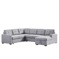 Selene Light Gray Linen Fabric Sleeper Sectional Sofa with Storage Chaise By Lilola Home