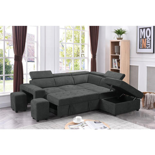 Henrik Dark Gray Sleeper Sectional Sofa with Storage Ottoman and 2 Stools By Lilola Home | Sofas | Modishstore-2