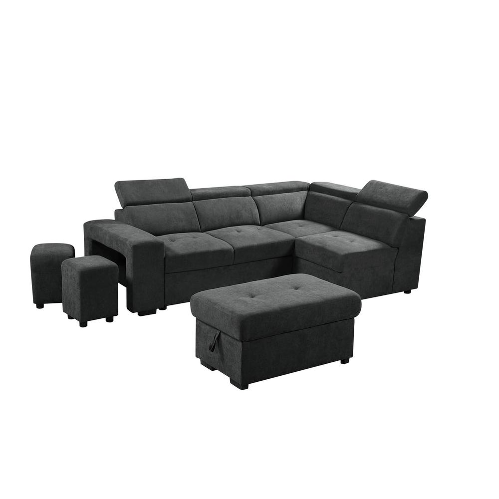 Henrik Dark Gray Sleeper Sectional Sofa with Storage Ottoman and 2 Stools By Lilola Home | Sofas | Modishstore