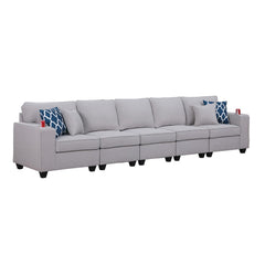 Cooper Light Gray Linen 5-Seater Sofa with Cupholder By Lilola Home