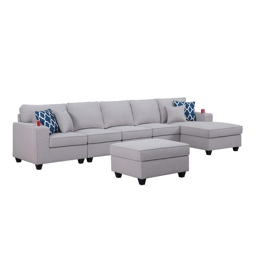 Cooper Light Gray Linen 6 Pc Sectional Sofa Chaise with Ottoman and Cupholder By Lilola Home | Sofas | Modishstore