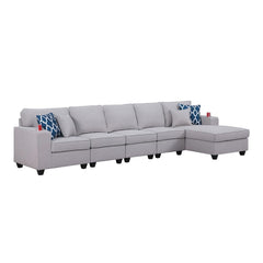 Cooper Light Gray Linen 5Pc Sectional Sofa Chaise with Cupholder By Lilola Home