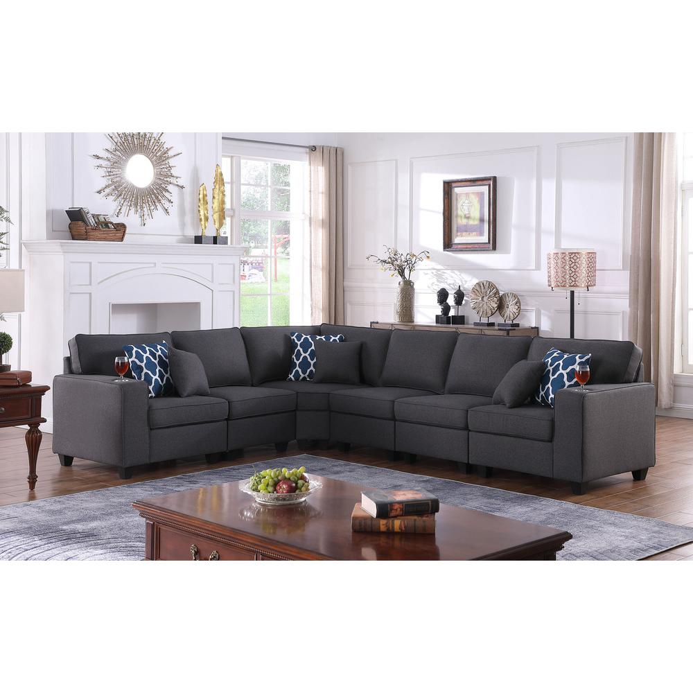 Cooper Light Gray Linen 6 Pc Reversible L-Shape Sectional Sofa with Cupholder By Lilola Home | Sofas | Modishstore-3