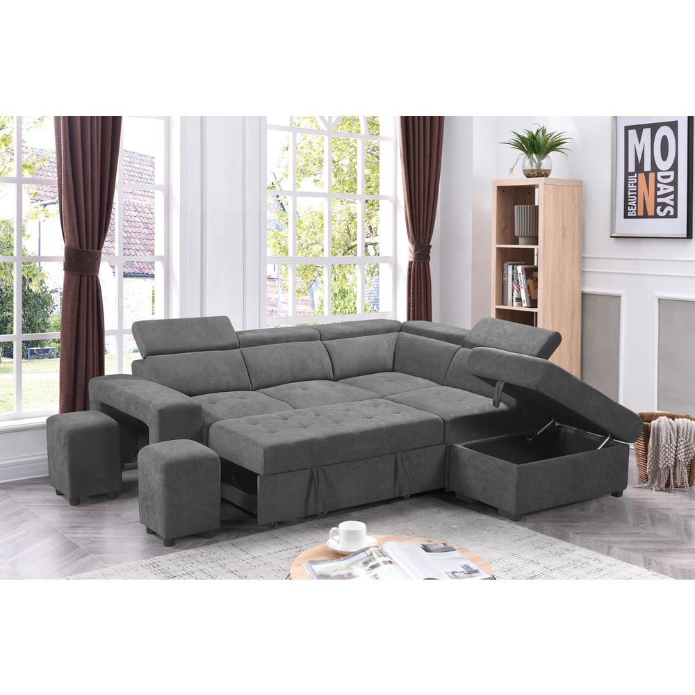 Henrik Light Gray Sleeper Sectional Sofa with Storage Ottoman and 2 Stools By Lilola Home | Sofas | Modishstore-2