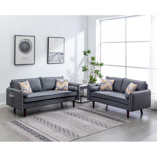 Lana Mid-Century Modern Gray Linen Sofa and Loveseat Living Room Set with USB Charging Ports & Pillows By Lilola Home | Loveseats | Modishstore