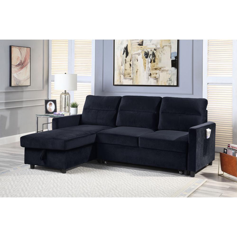 Ivy Black Velvet Reversible Sleeper Sectional Sofa with Storage Chaise and Side Pocket By Lilola Home | Sofas | Modishstore-2