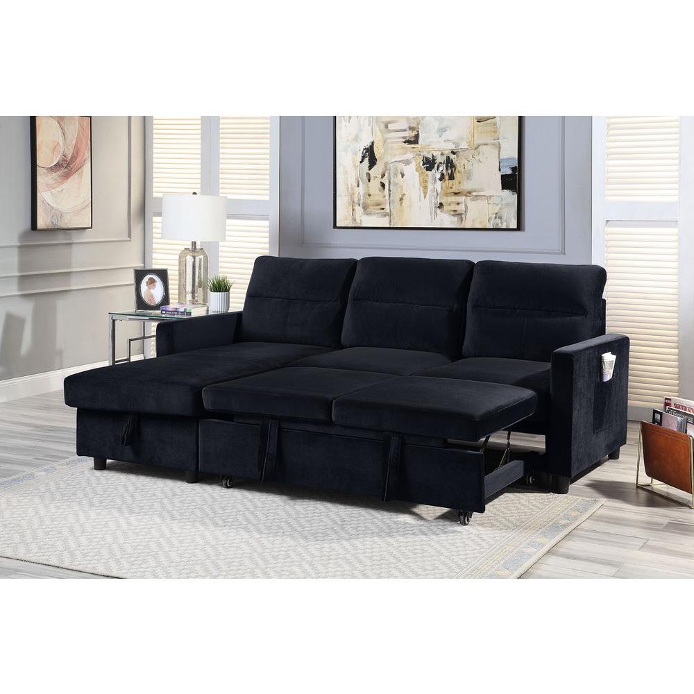 Ivy Black Velvet Reversible Sleeper Sectional Sofa with Storage Chaise and Side Pocket By Lilola Home | Sofas | Modishstore-3