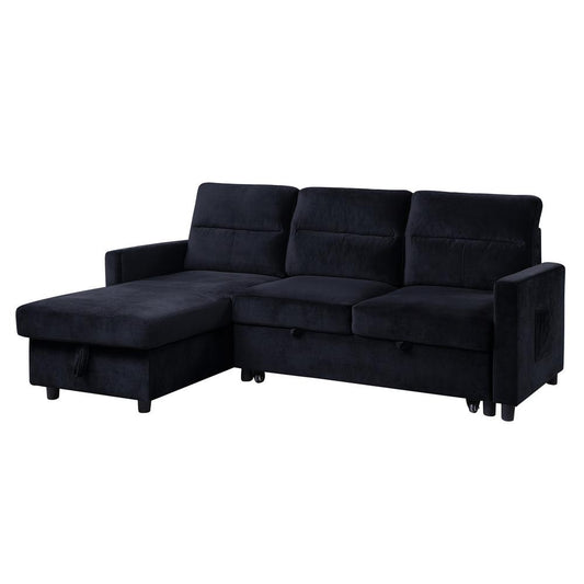 Ivy Black Velvet Reversible Sleeper Sectional Sofa with Storage Chaise and Side Pocket By Lilola Home | Sofas | Modishstore
