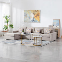 Nolan Beige Linen Fabric 4Pc Reversible Sectional Sofa Chaise with Pillows and Interchangeable Legs By Lilola Home