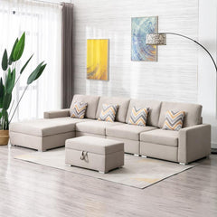 Nolan Beige Linen Fabric 5 Pc Reversible Sofa Chaise with Interchangeable Legs, Storage Ottoman, and Pillows By Lilola Home