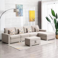 Nolan Beige Linen Fabric 5Pc Reversible Sofa Chaise with Interchangeable Legs, Storage Ottoman, and Pillows By Lilola Home