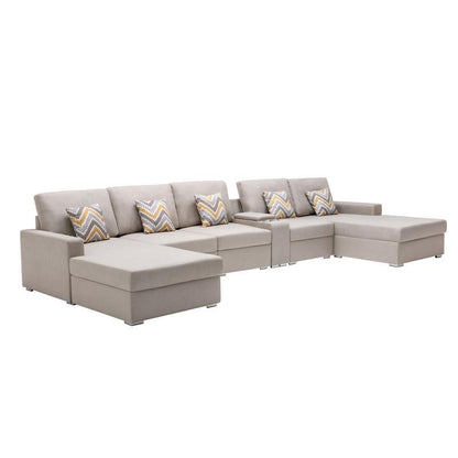 Nolan Beige Linen Fabric 6 Pc Double Chaise Sectional Sofa with Interchangeable Legs, a USB By Lilola Home | Sofas | Modishstore-2