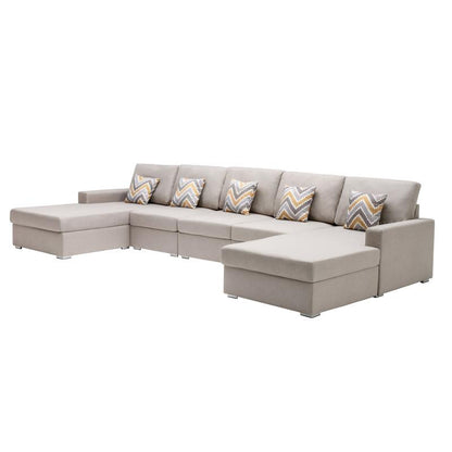 Nolan Beige Linen Fabric 5Pc Double Chaise Sectional Sofa with Pillows and Interchangeable Legs By Lilola Home | Sofas | Modishstore-2