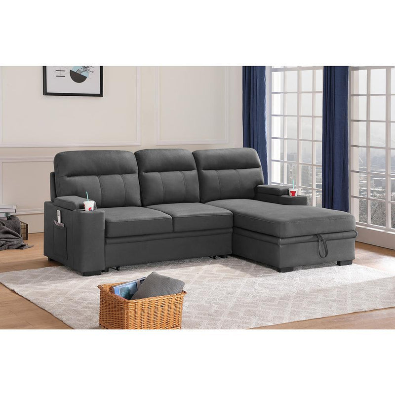 Kaden Gray Fabric Sleeper Sectional Sofa Chaise with Storage Arms and Cupholder By Lilola Home | Sofas | Modishstore