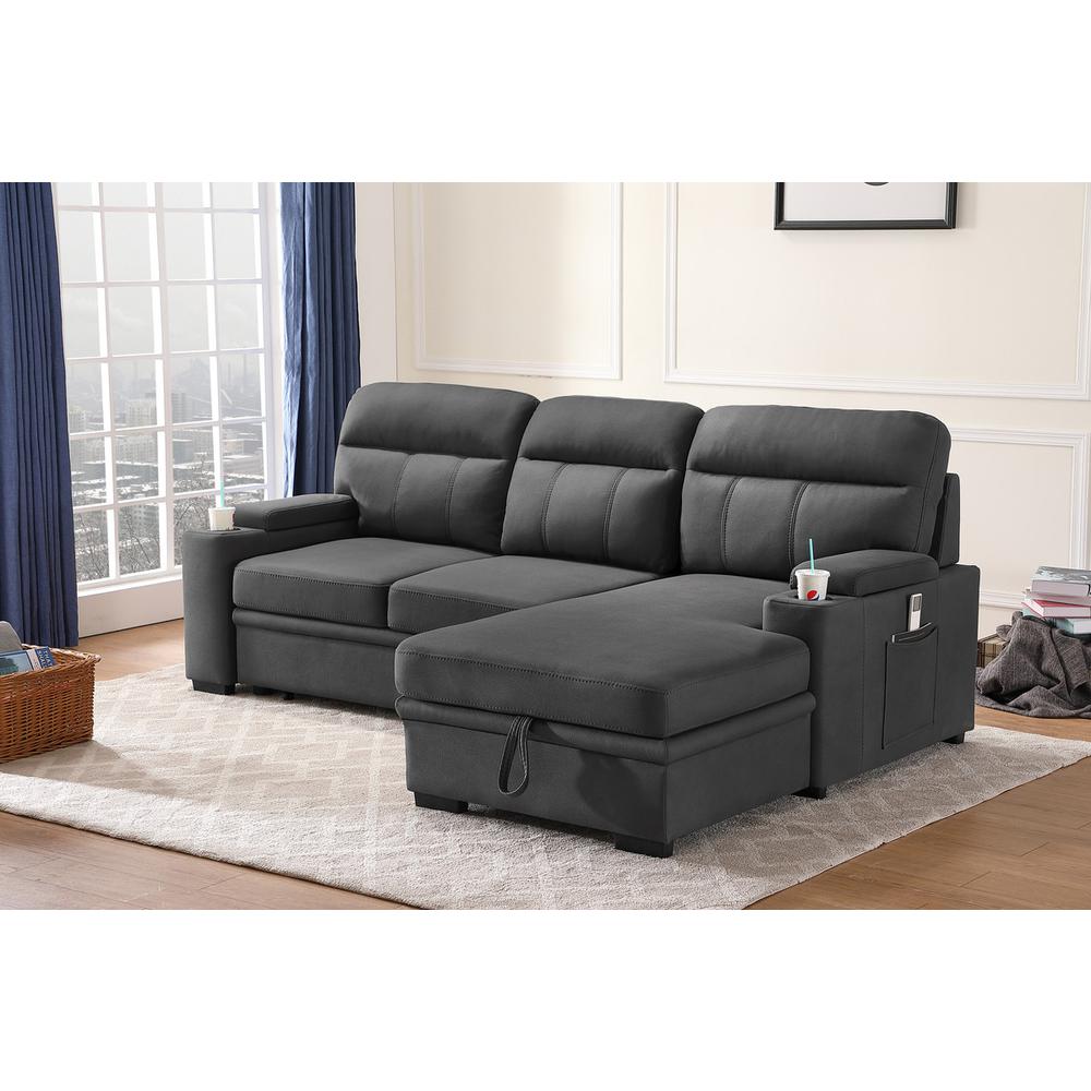 Kaden Gray Fabric Sleeper Sectional Sofa Chaise with Storage Arms and Cupholder By Lilola Home | Sofas | Modishstore-2