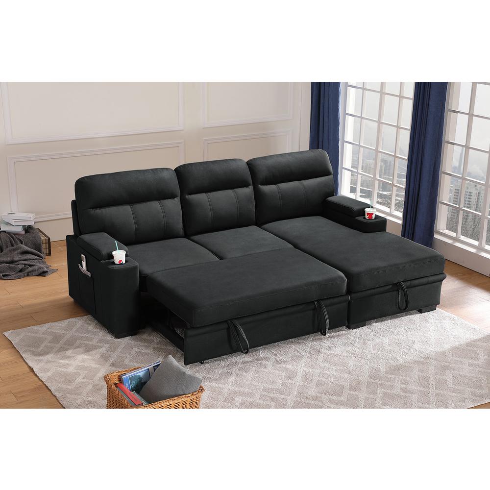 Kaden Black Fabric Sleeper Sectional Sofa Chaise with Storage Arms and Cupholder By Lilola Home | Sofas | Modishstore-3
