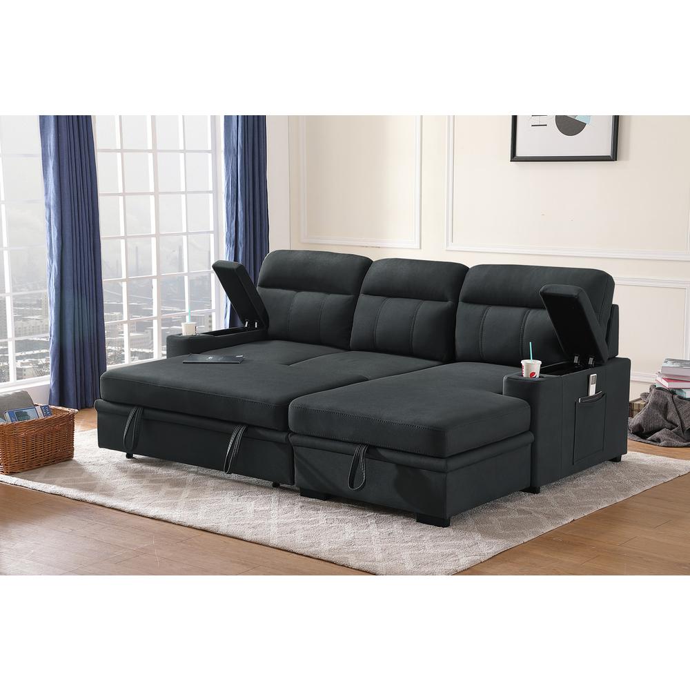 Kaden Black Fabric Sleeper Sectional Sofa Chaise with Storage Arms and Cupholder By Lilola Home | Sofas | Modishstore-4