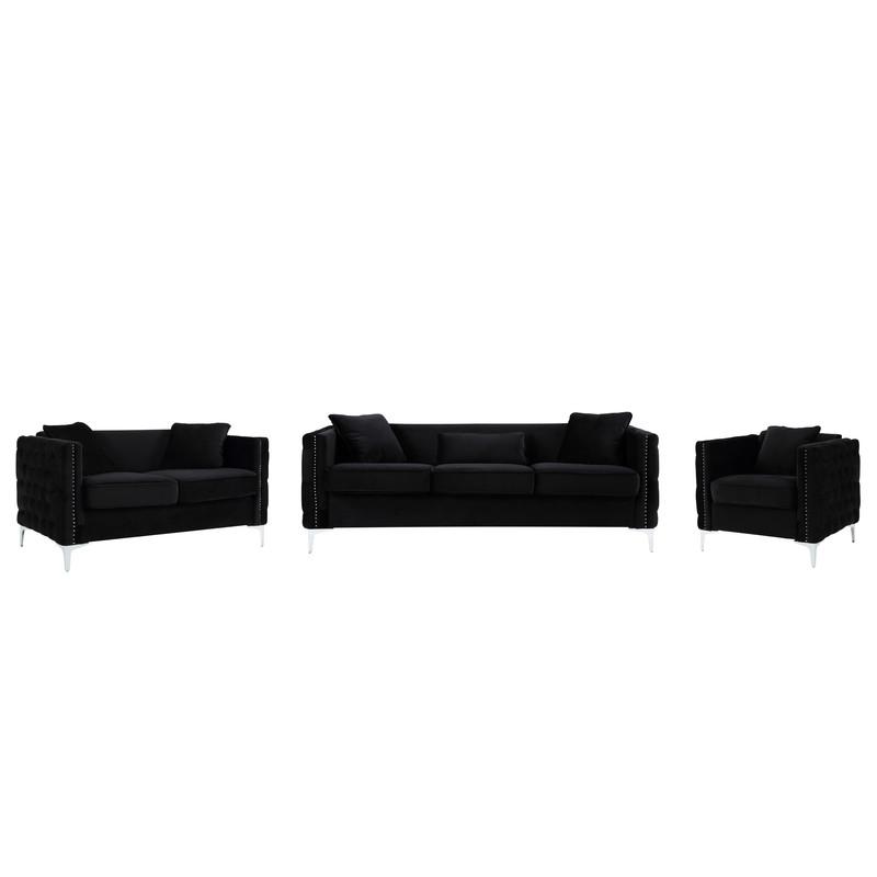 Bayberry Black Velvet Sofa Loveseat Chair Living Room Set By Lilola Home | Sofas | Modishstore-2