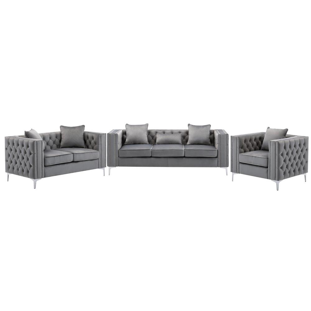 Lorreto Gray Velvet Fabric Sofa Loveseat Chair Living Room Set By Lilola Home | Sofas | Modishstore-2