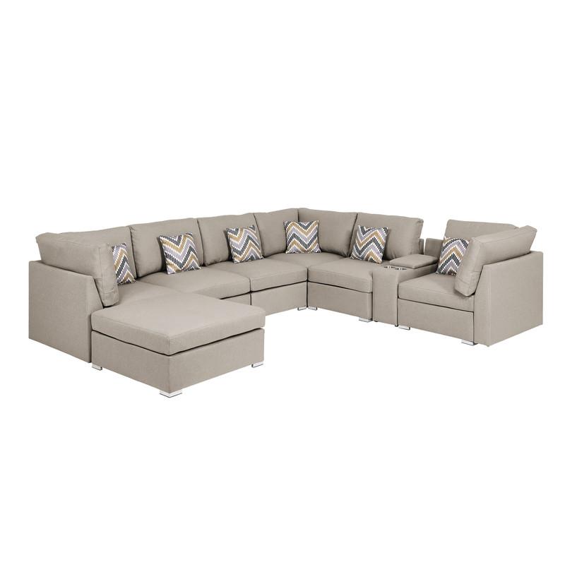 Amira Beige Fabric Reversible Modular Sectional Sofa with USB Console & Ottoman By Lilola Home | Sofas | Modishstore-2