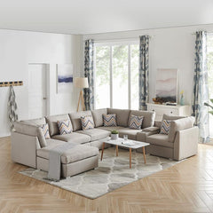 Amira Beige Fabric Reversible Modular Sectional Sofa with USB Console & Ottoman By Lilola Home