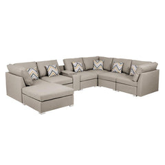 Lucy Beige Fabric Reversible Modular Sectional Sofa with USB Console and Ottoman By Lilola Home