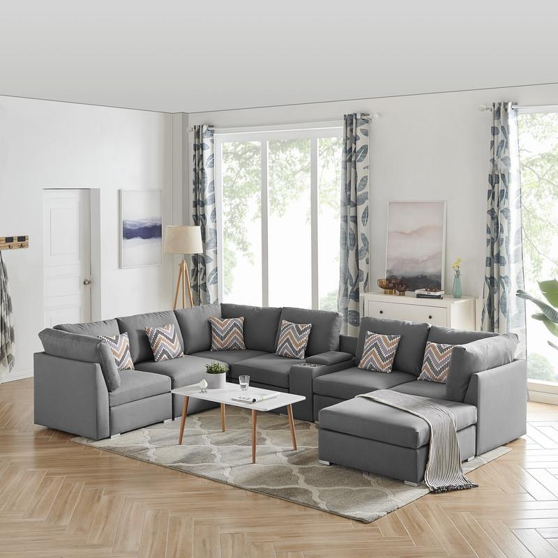 Amira Gray Fabric Reversible Modular Sectional Sofa w/ USB Console and Ottoman By Lilola Home | Sofas | Modishstore-3
