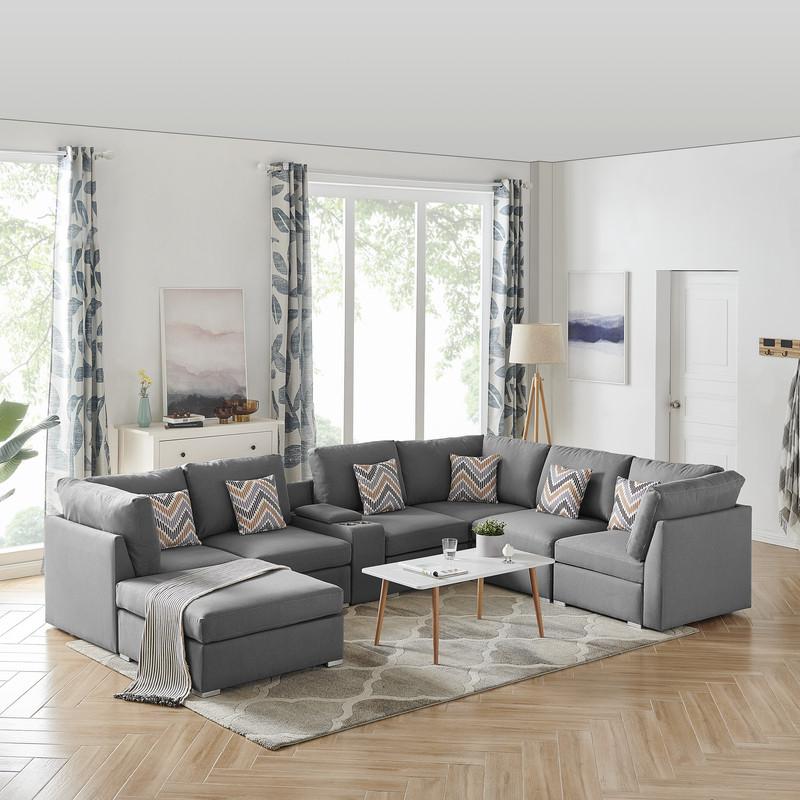 Amira Gray Fabric Reversible Modular Sectional Sofa w/ USB Console and Ottoman By Lilola Home | Sofas | Modishstore-4