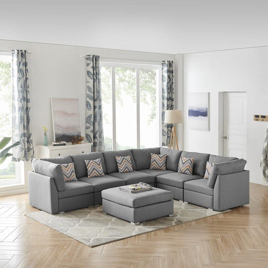Amira Reversible Modular Sectional Sofa with Ottoman and Pillows in Gray By Lilola Home | Sofas | Modishstore