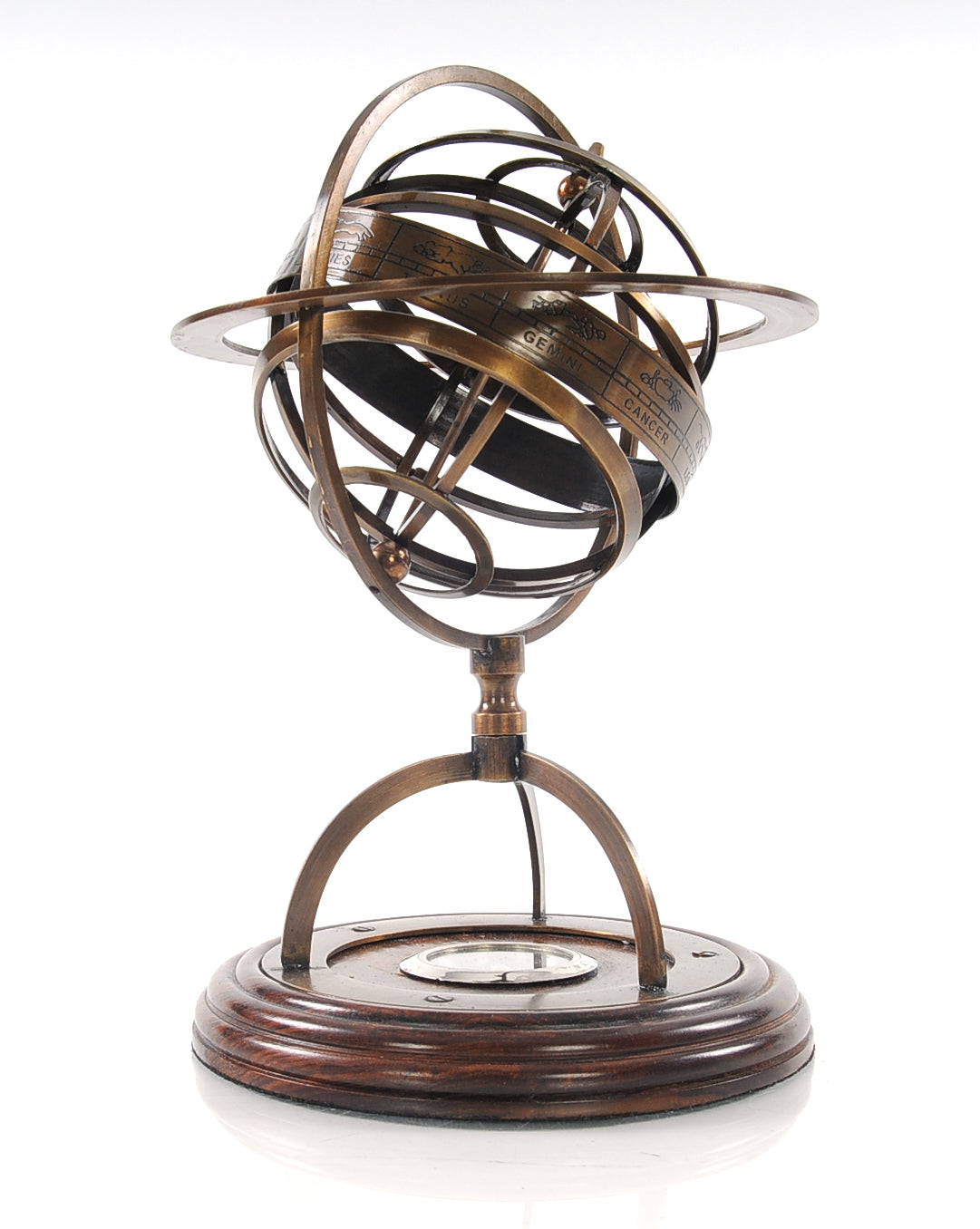 Brass Armillary With Compass On Wood Base By Homeroots | Sculptures | Modishstore - 2