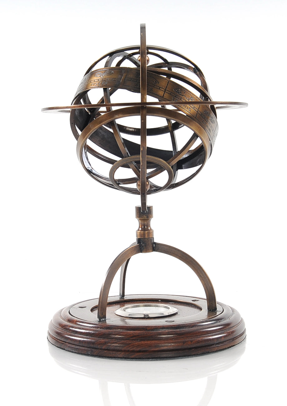 Brass Armillary With Compass On Wood Base By Homeroots | Sculptures | Modishstore - 3
