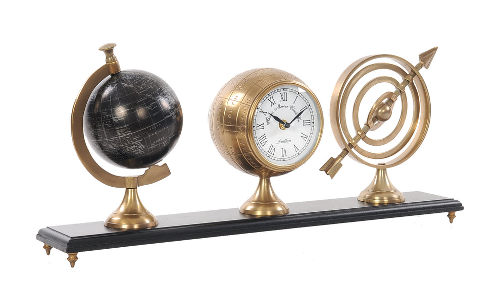 Armillery Clock and Globe On Wood Base By Homeroots | Sculptures | Modishstore - 2