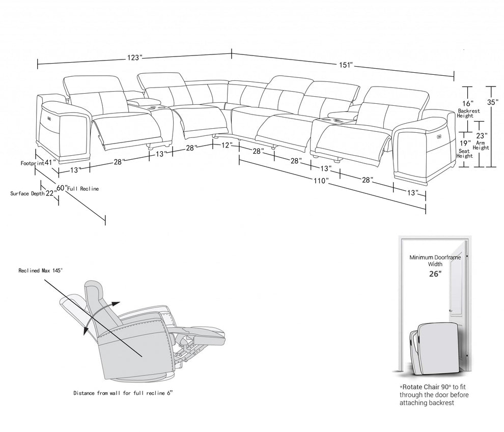 White Power Reclining 8PC Sectional By Homeroots - 366365 | Sectional | Modishstore - 5