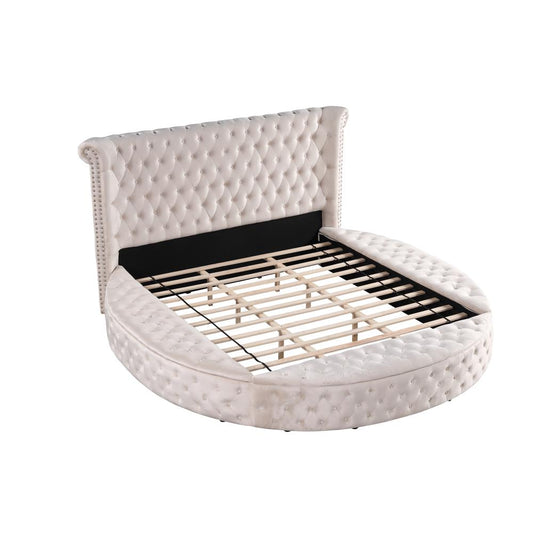 Isabella Tufted Velvet Round Platform Bed with Storage, Queen, Beige By Best Master Furniture | Beds |  Modishstore 