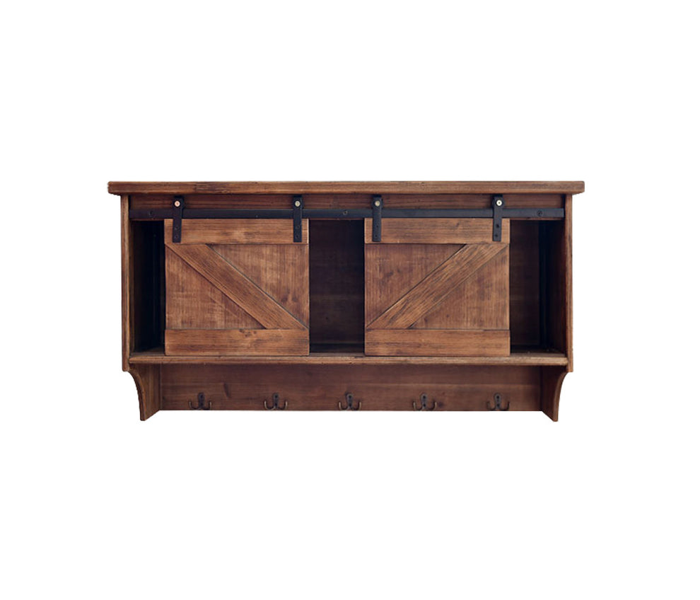 Rustic Wooden Shelf with Barn Door Storage and Hooks By Homeroots | Shelves & Shelving Units | Modishstore - 2